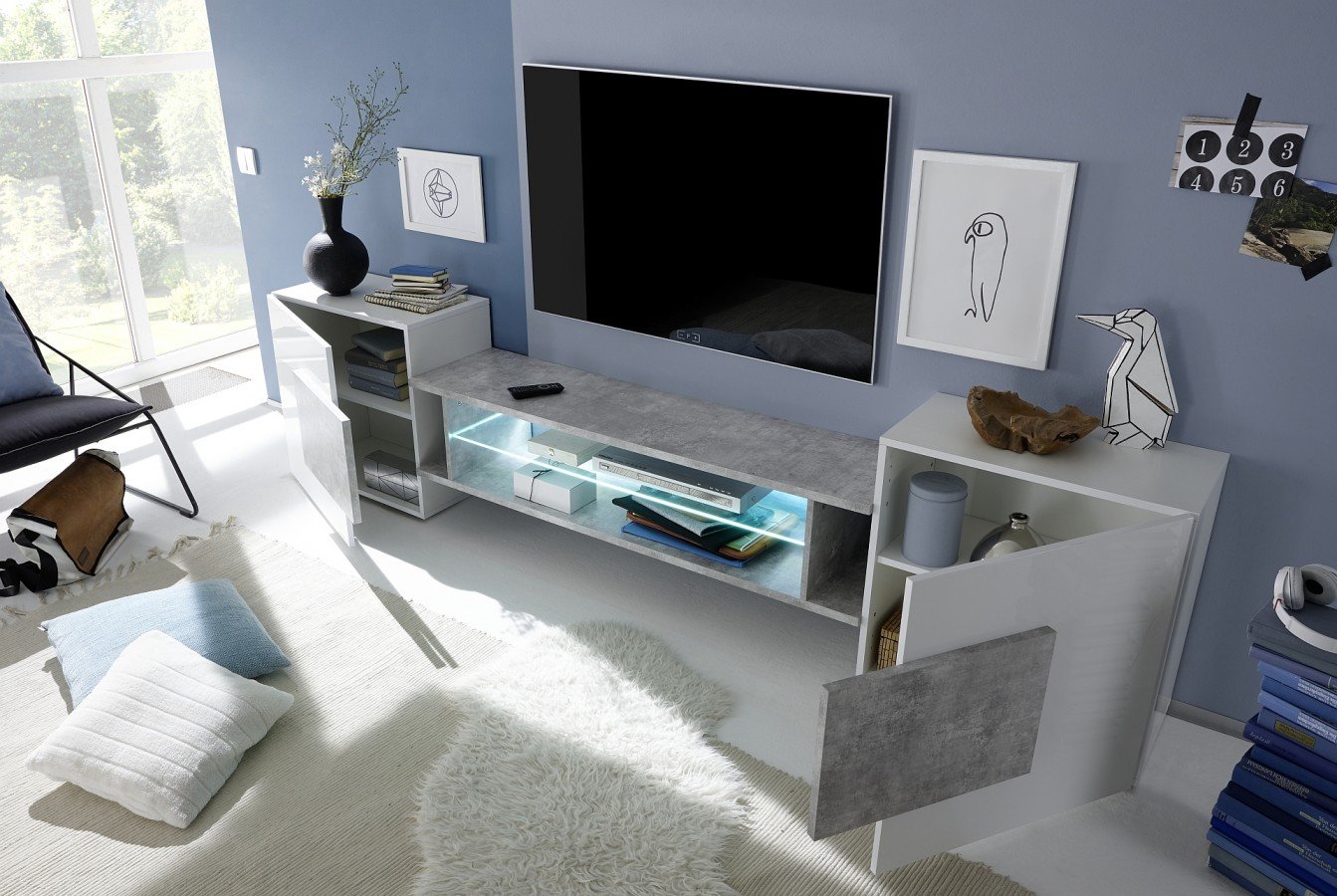 Meuble TV design blanc laqué et gris GREY