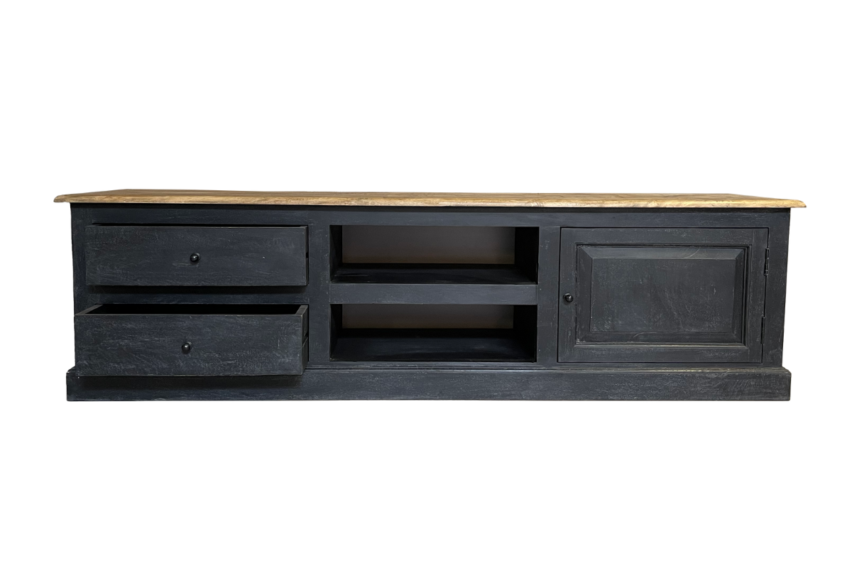 Meuble TV noir bois massif 1 porte 2 tiroirs 180cm LOUISE