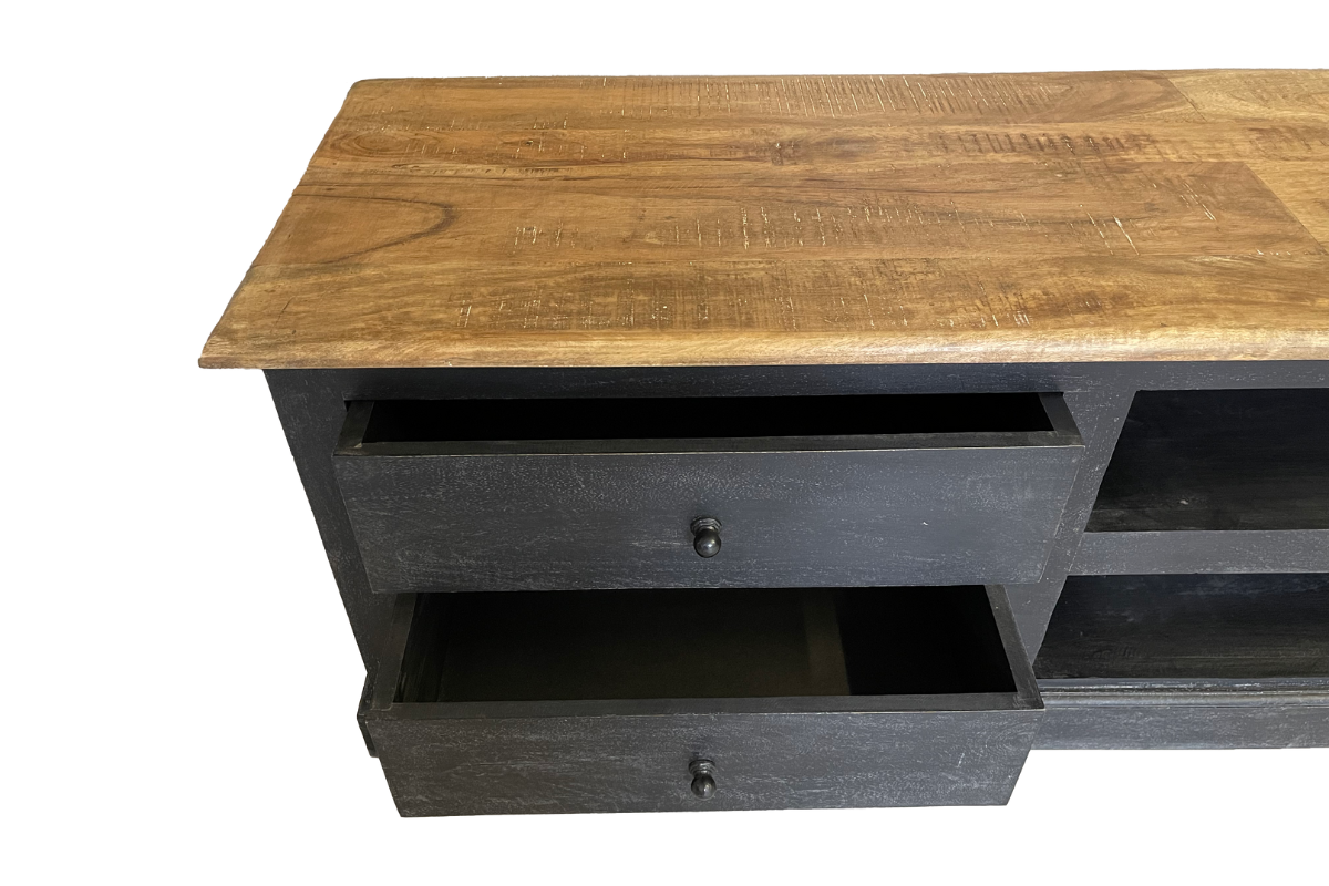 Meuble télé industriel noir et bois 120cm 1 porte 2 tiroirs Colin