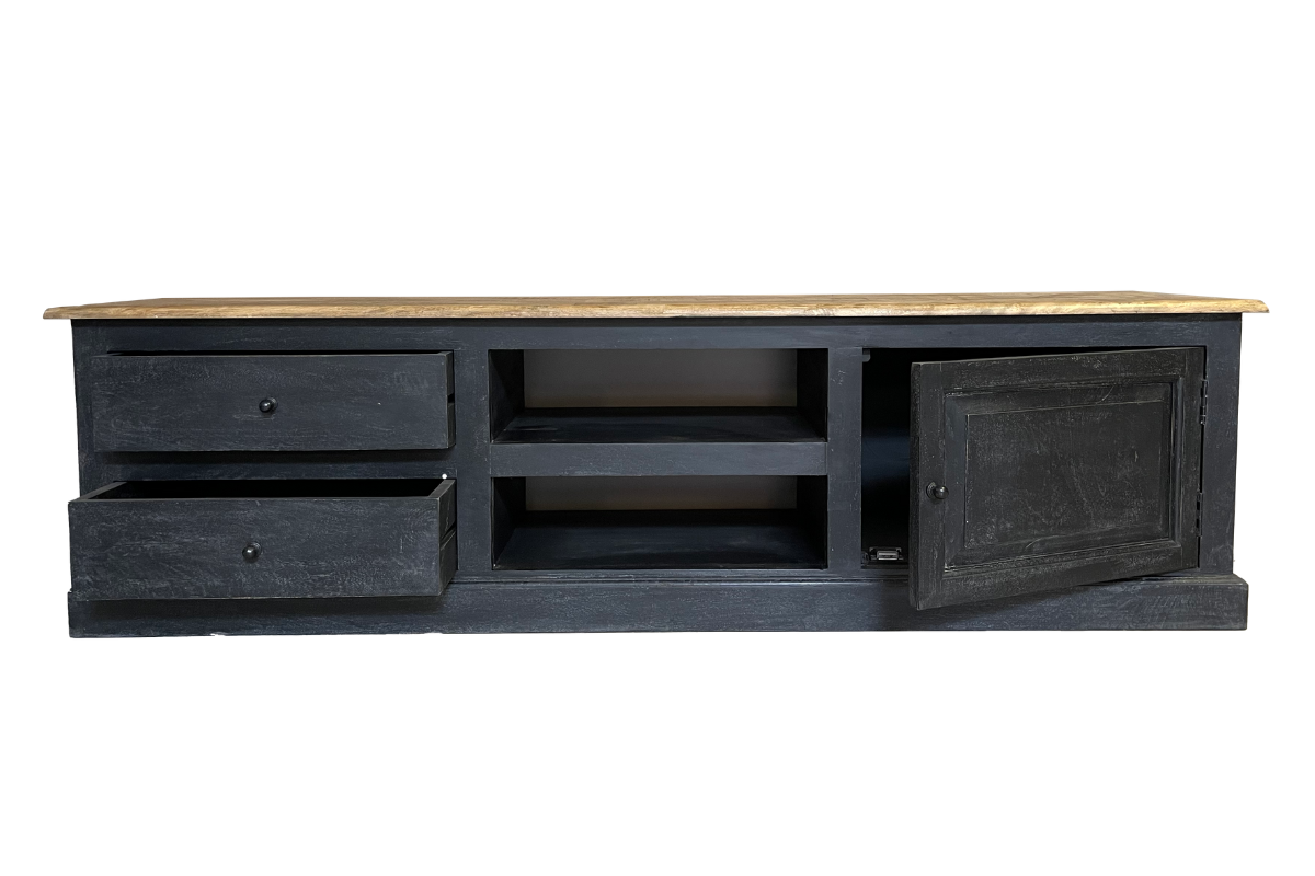Meuble TV noir bois massif 1 porte 2 tiroirs 180cm LOUISE