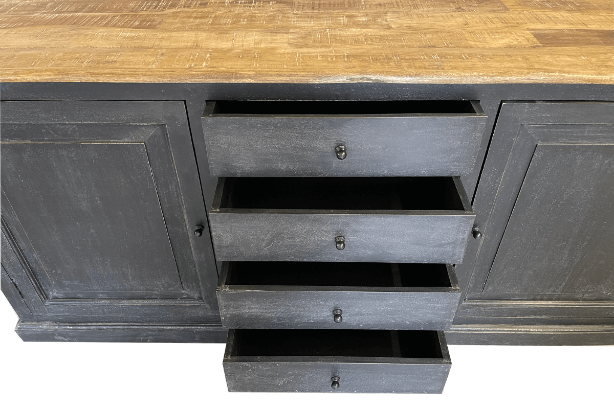 Buffet industriel noir bois massif 190cm LOUISE