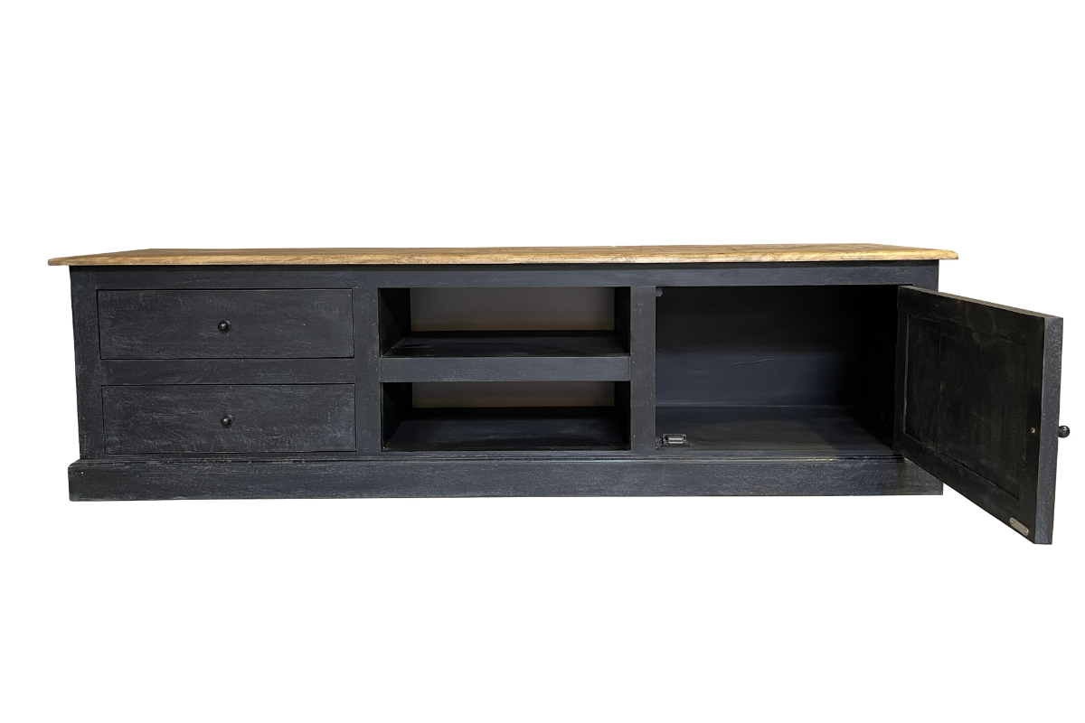 Meuble TV noir bois massif 1 porte 2 tiroirs 180cm LOUISE