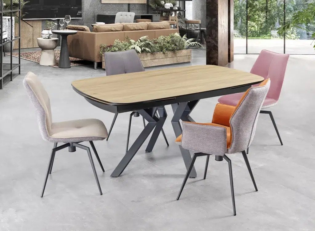 Table céramique bois forme tonneau avec 2 allonges ANEMONE