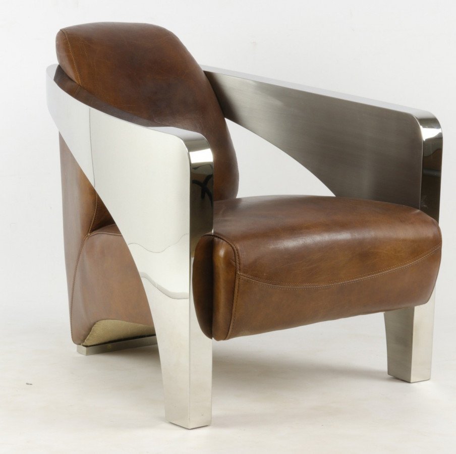 Fauteuil vintage cuir camel et inox CHRISTIAN