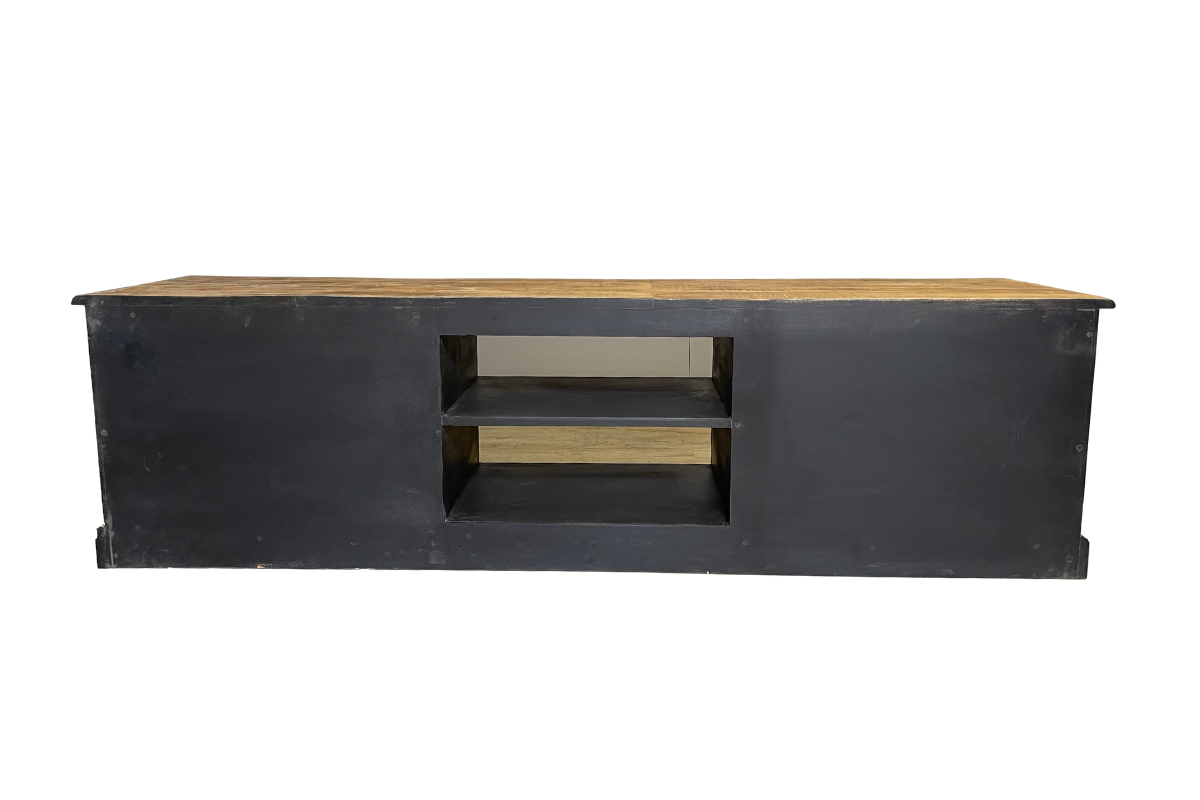 Meuble TV noir bois massif 1 porte 2 tiroirs 180cm LOUISE