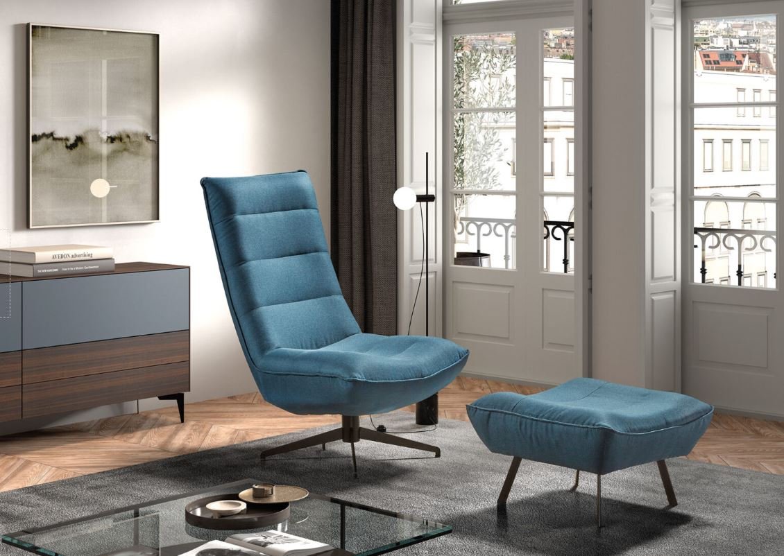 Fauteuil pivotant et pouf en tissu bleu moderne DAVIDA