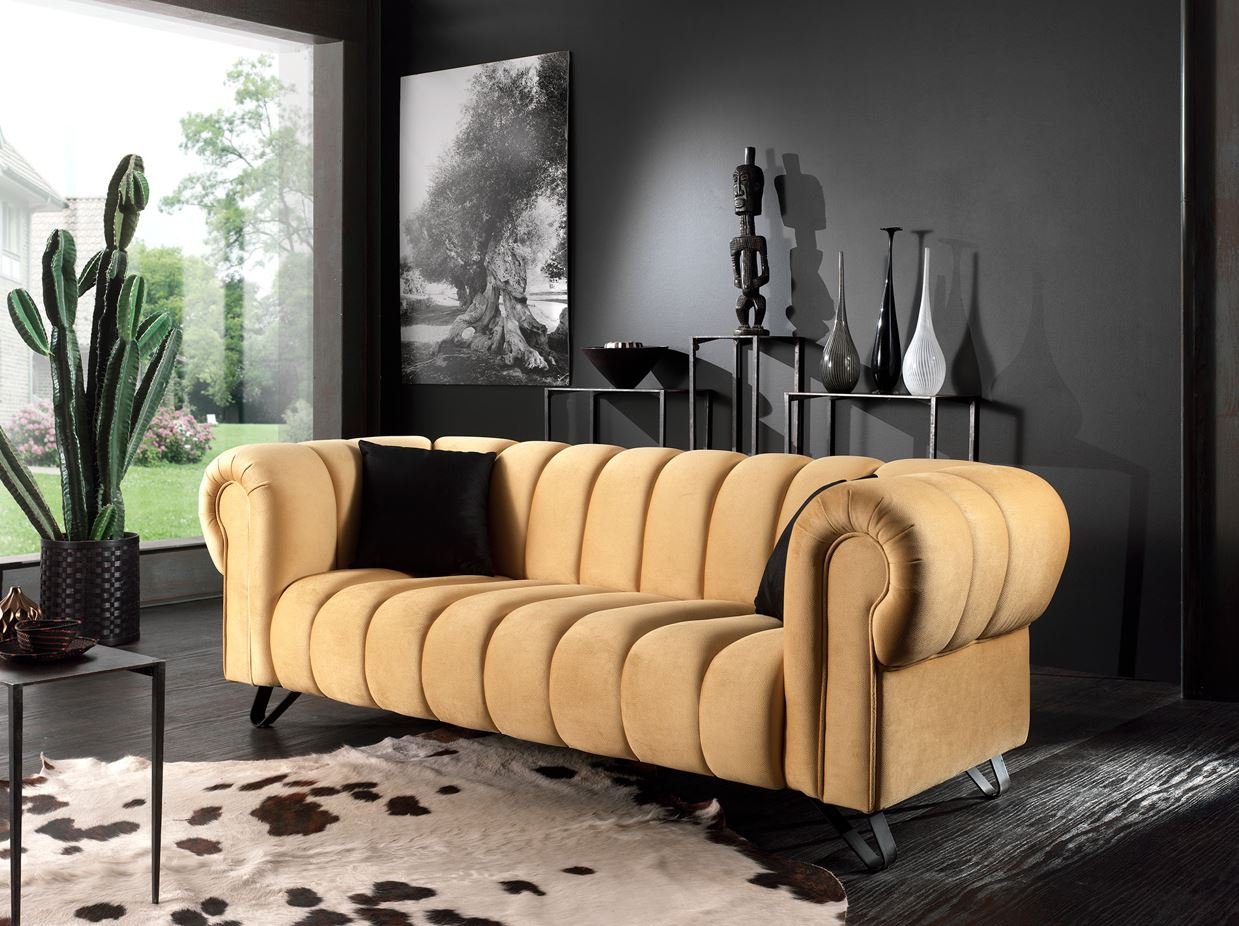 Canapé 2 places design en tissu jaune et piétement métal OLGA 