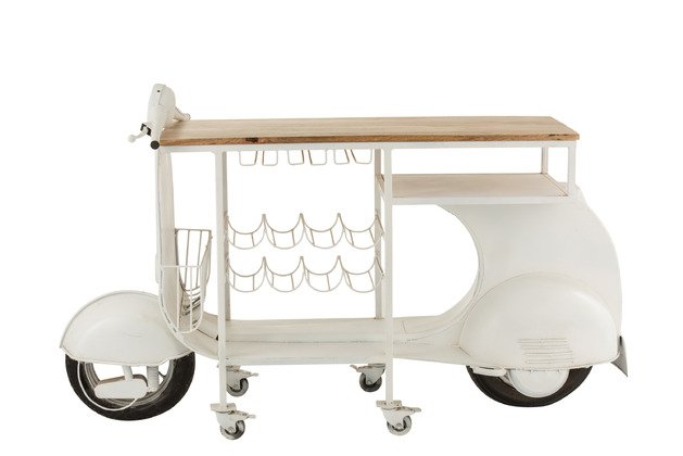 Bar scooter industriel blanc à roulettes métal et bois BIKE