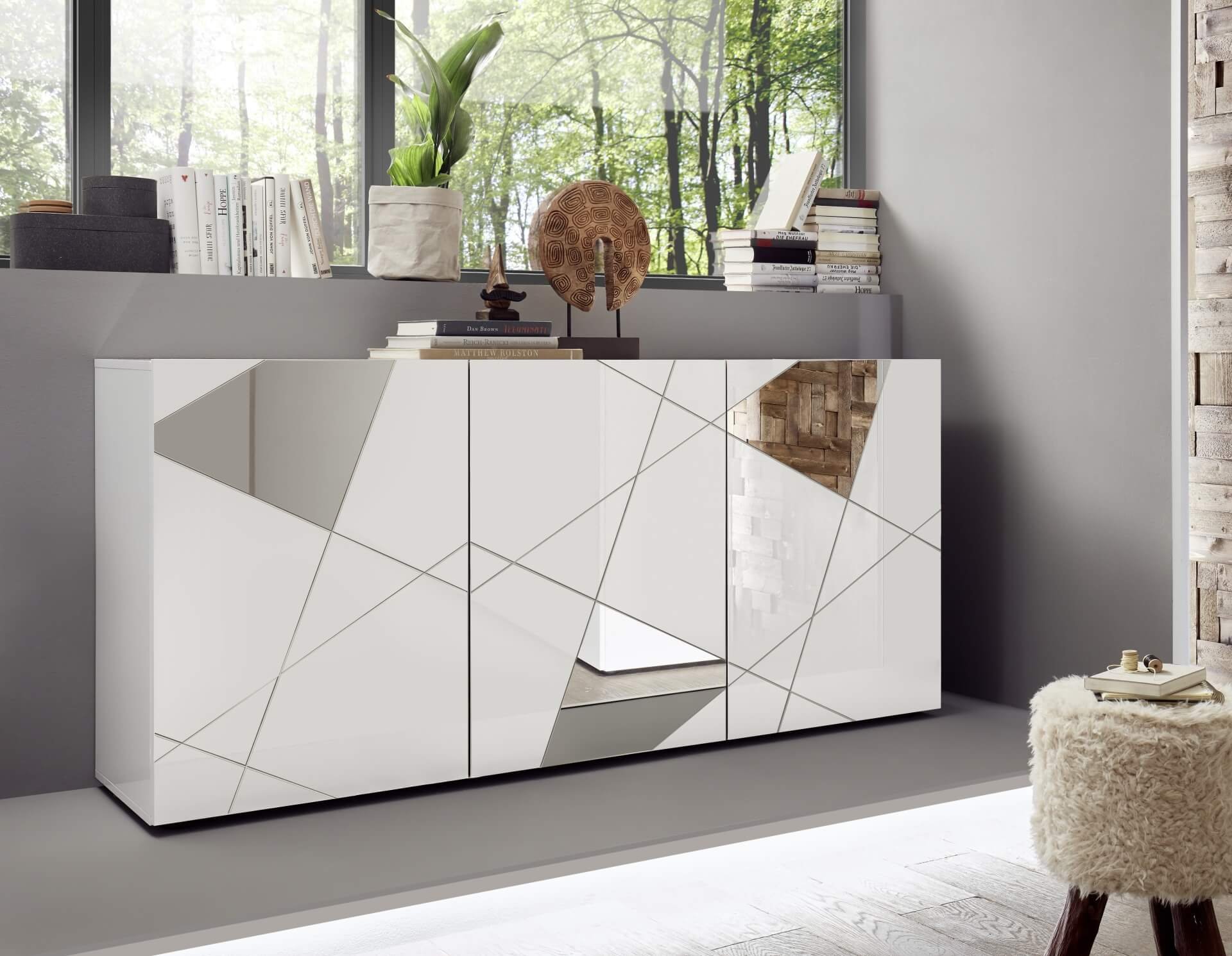 Bahut design blanc laqué 3 portes avec miroirs 180cm MILANO