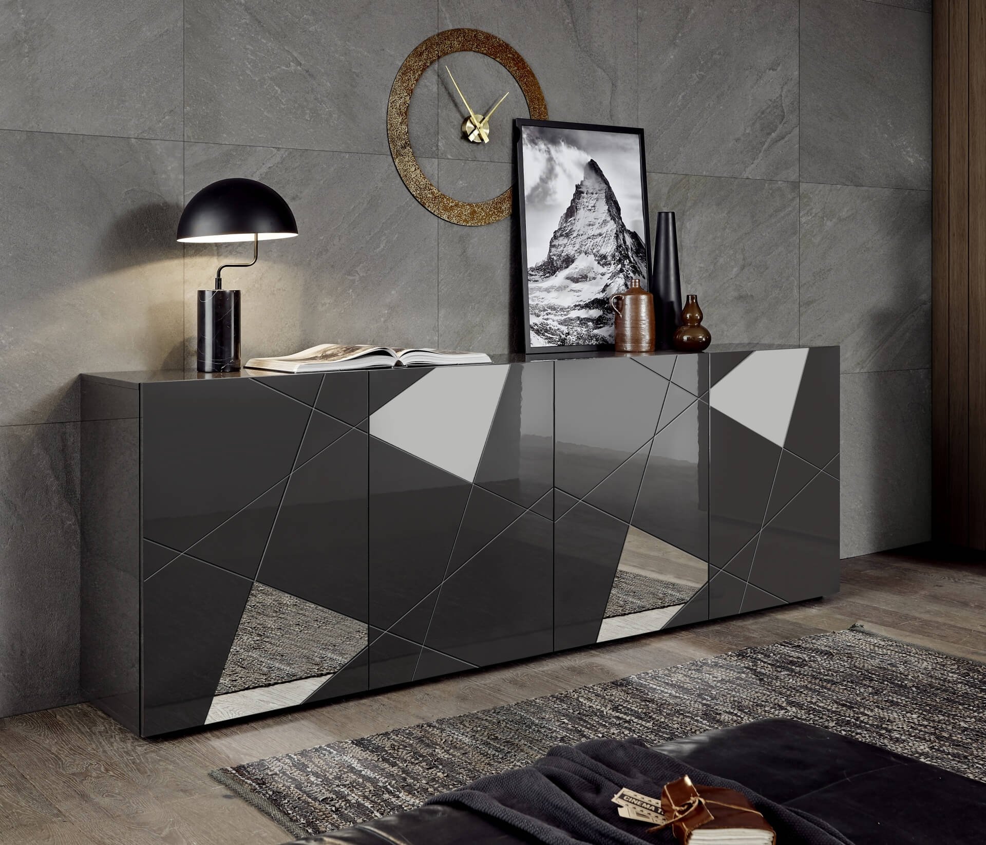 Buffet design gris anthracite laqué 4 portes avec miroirs MILANO