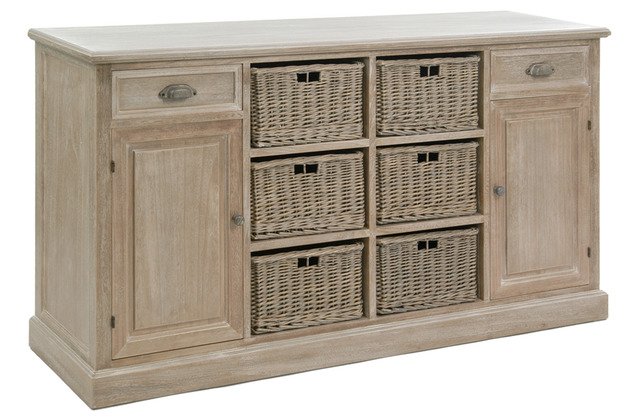 Buffet bois cérusé avec panier en rotin MEREDITH