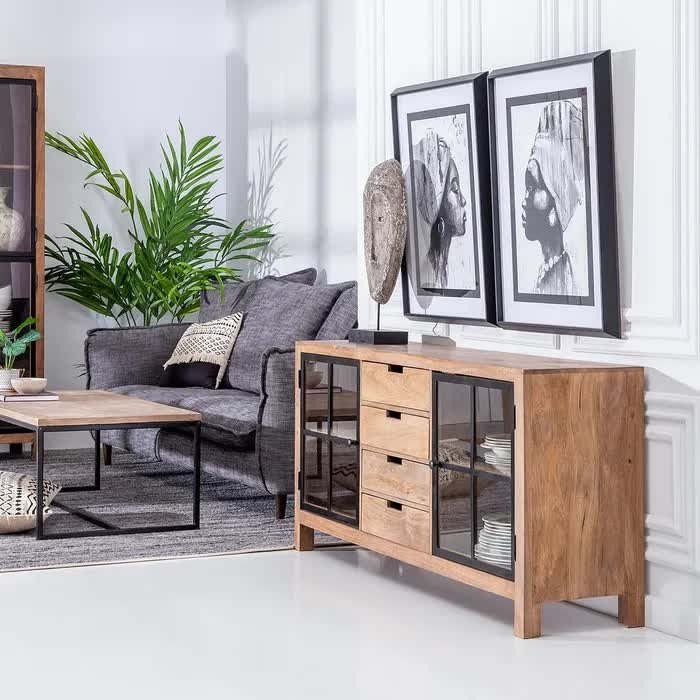 Buffet industriel bois et métal 2 portes vitrées GORDON