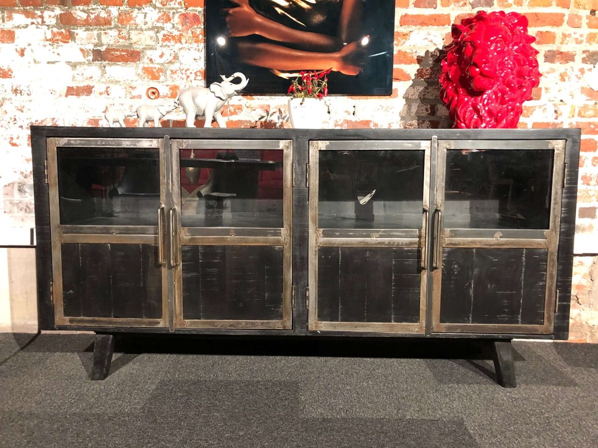 Buffet industriel noir bois massif et métal BLACKPEARL