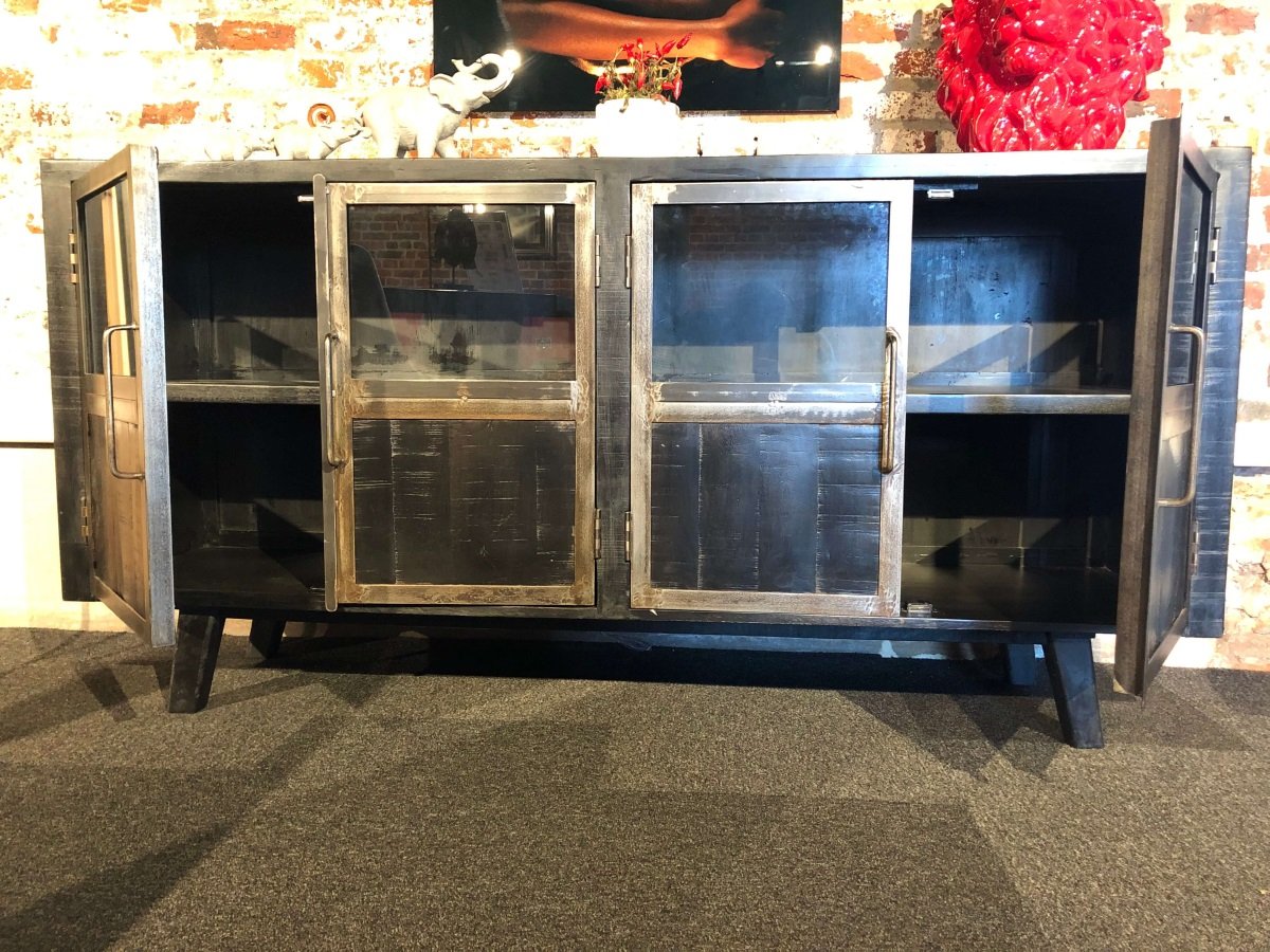 Buffet industriel noir bois massif et métal BLACKPEARL