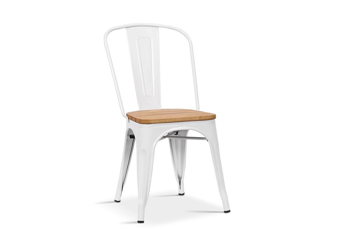 Chaise blanche en metal industrielle et assise en bois clair RETRO