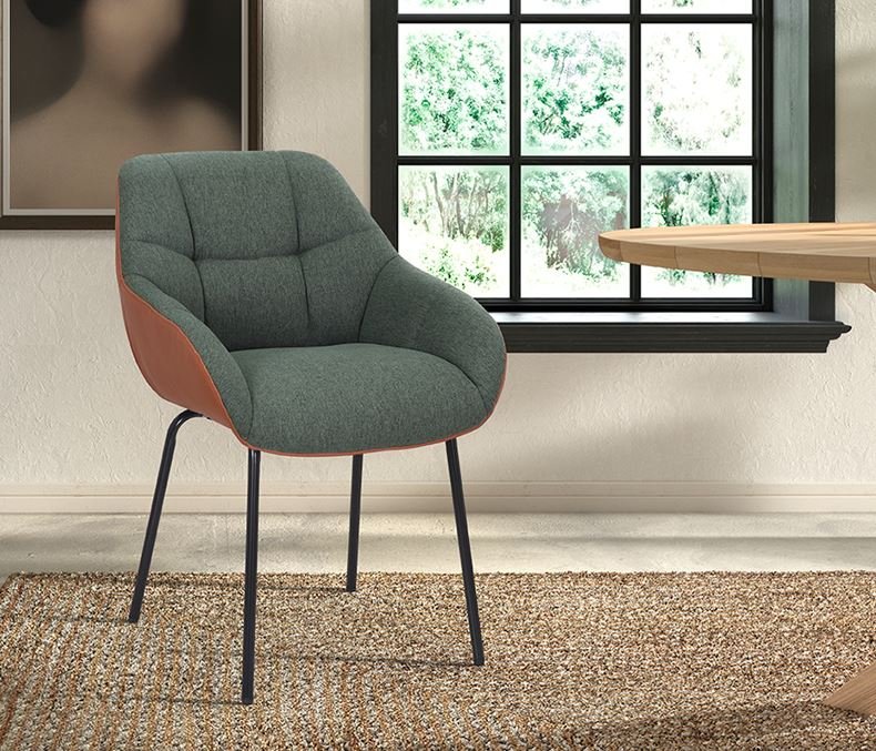 Lot de 2 chaises capitonnées bi-matières vert et camel EMMA