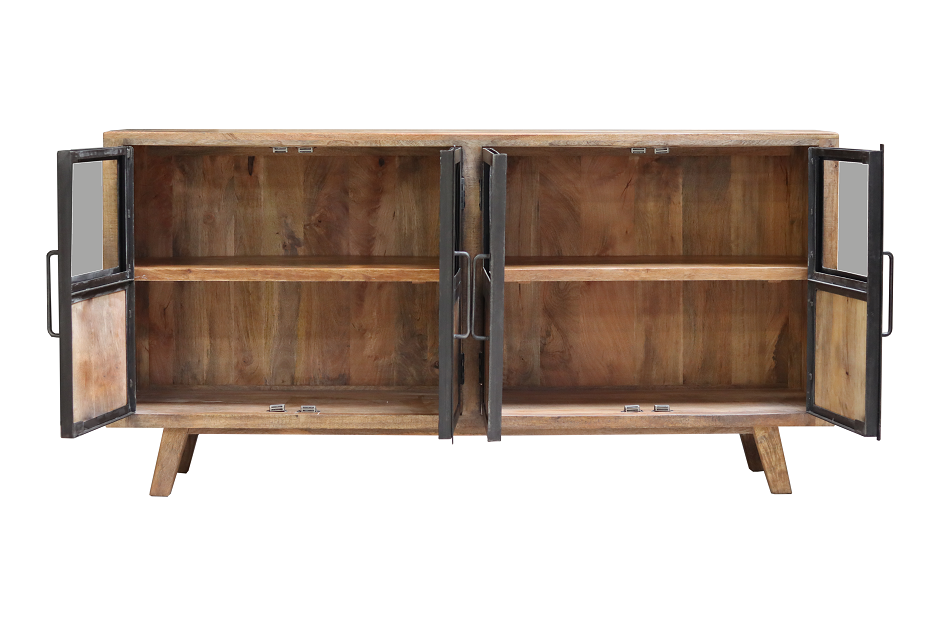 Buffet industriel bois massif 4 portes vitrées 180cm MEERA