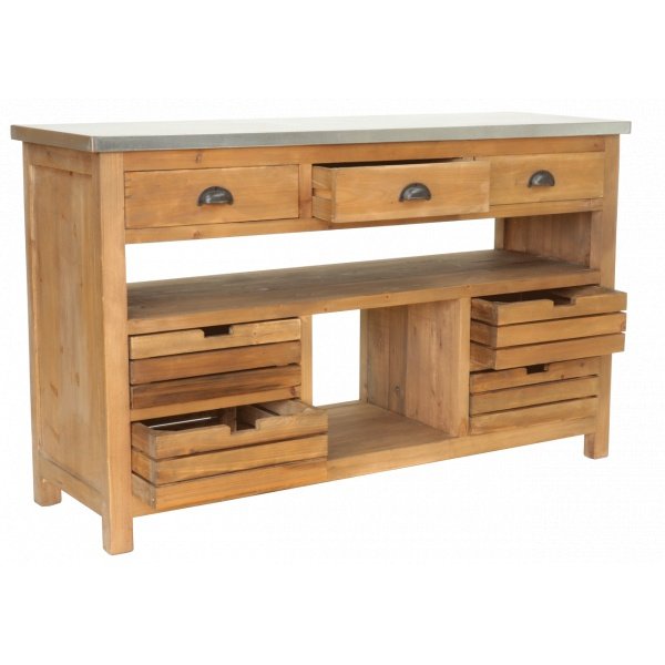 Console industrielle 140cm en bois massif et zinc 7 tiroirs KASE