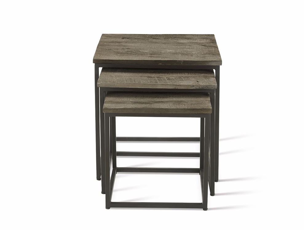 Table gigogne carrée industrielle en bois massif grisé et métal COSTA