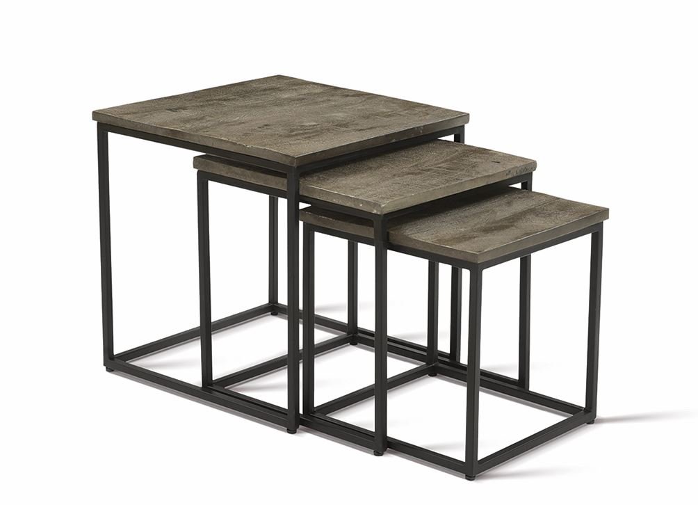 Table gigogne carrée industrielle en bois massif grisé et métal COSTA