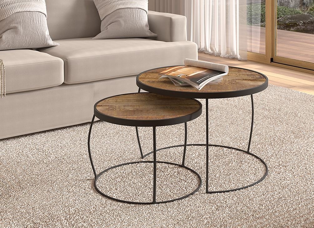 Table basse gigogne ronde moderne bois et métal CROFT