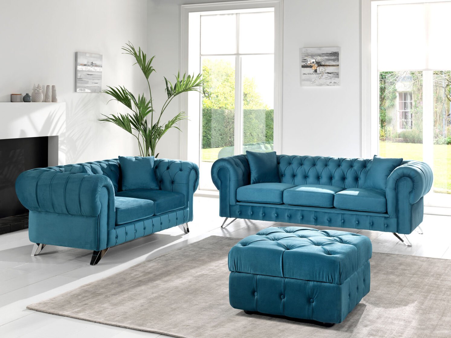 Canapé chesterfield 3 places en tissu bleu CHIRA