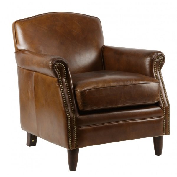 Fauteuil cuir marron clouté style vintage NORMANDY