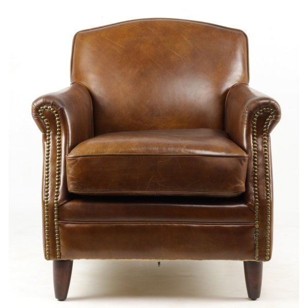 Fauteuil cuir marron clouté style vintage NORMANDY