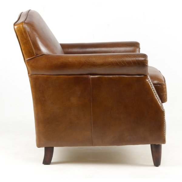 Fauteuil cuir marron clouté style vintage NORMANDY