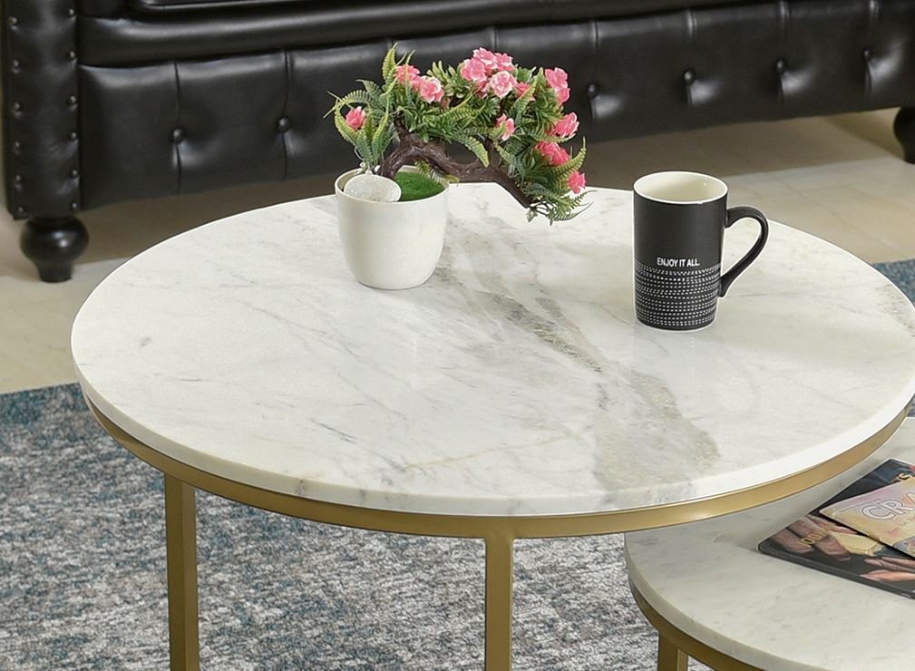 Set de 2 tables basses ronde moderne marbre blanc et métal or JUNON 