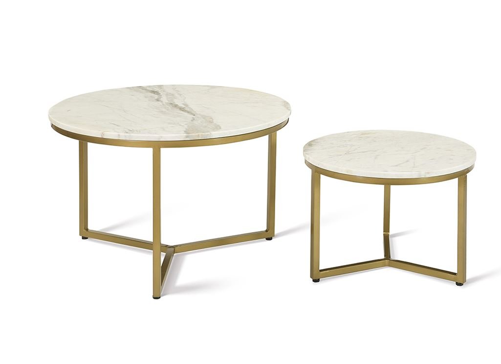 Set de 2 tables basses ronde moderne marbre blanc et métal or JUNON 