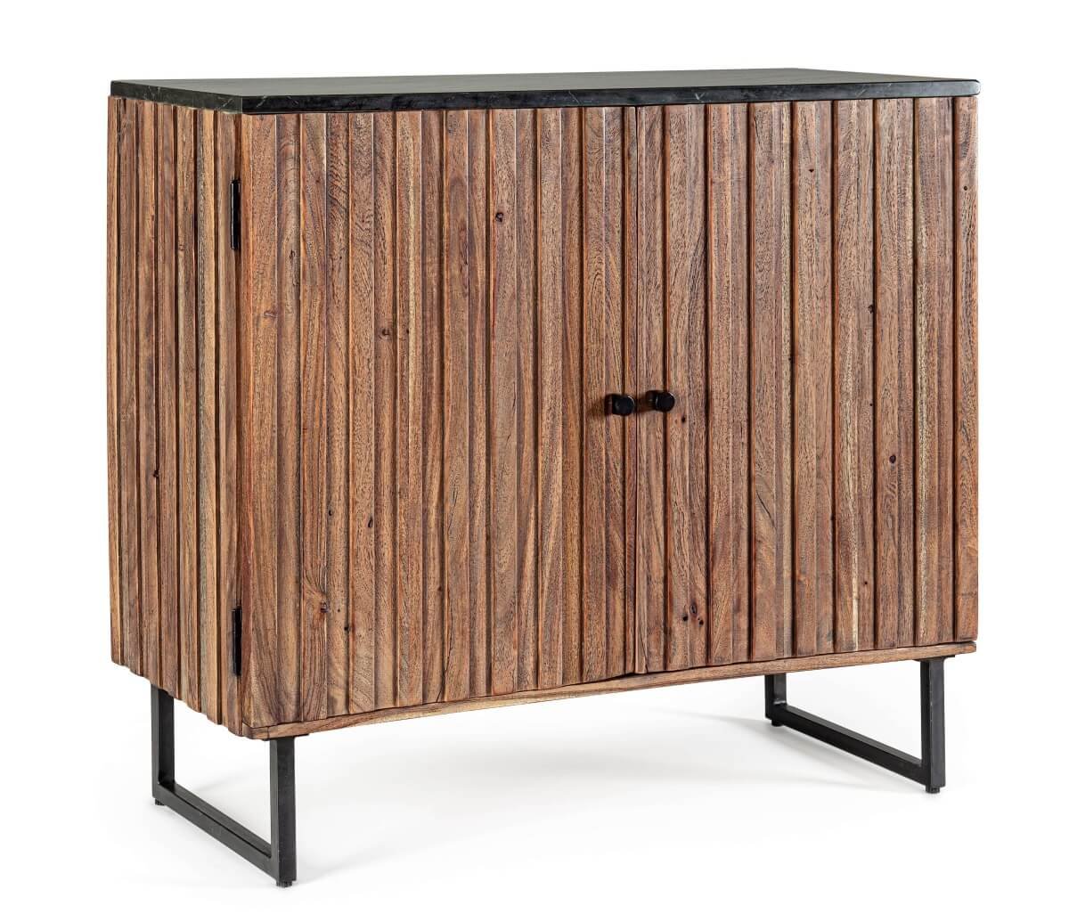 Petit buffet en bois d'acacia 2 portes avec plateau en marbre JEAN