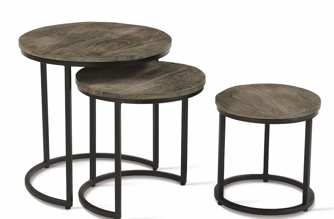 Table d'appoint gigogne ronde en bois massif gris et métal JAHAN