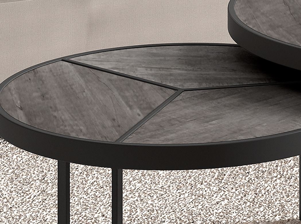 Table gigogne ronde industrielle bois gris et métal PHENIX