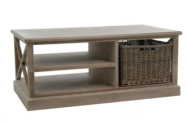 Table basse bois cérusé avec panier en rotin MEREDITH