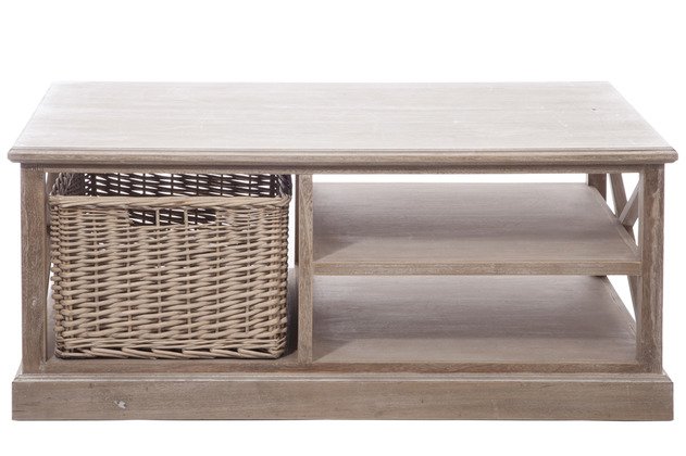 Table basse bois cérusé avec panier en rotin MEREDITH