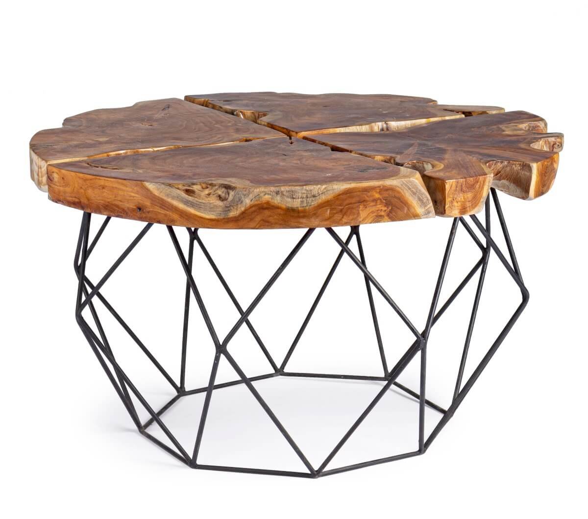 Table basse ronde en bois de teck massif et métal noir ROOT