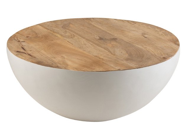 Table basse ronde scandinave bois manguier et métal blanc GALEO