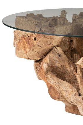 Table basse ronde scandinave racine de teck et verre ROOTED