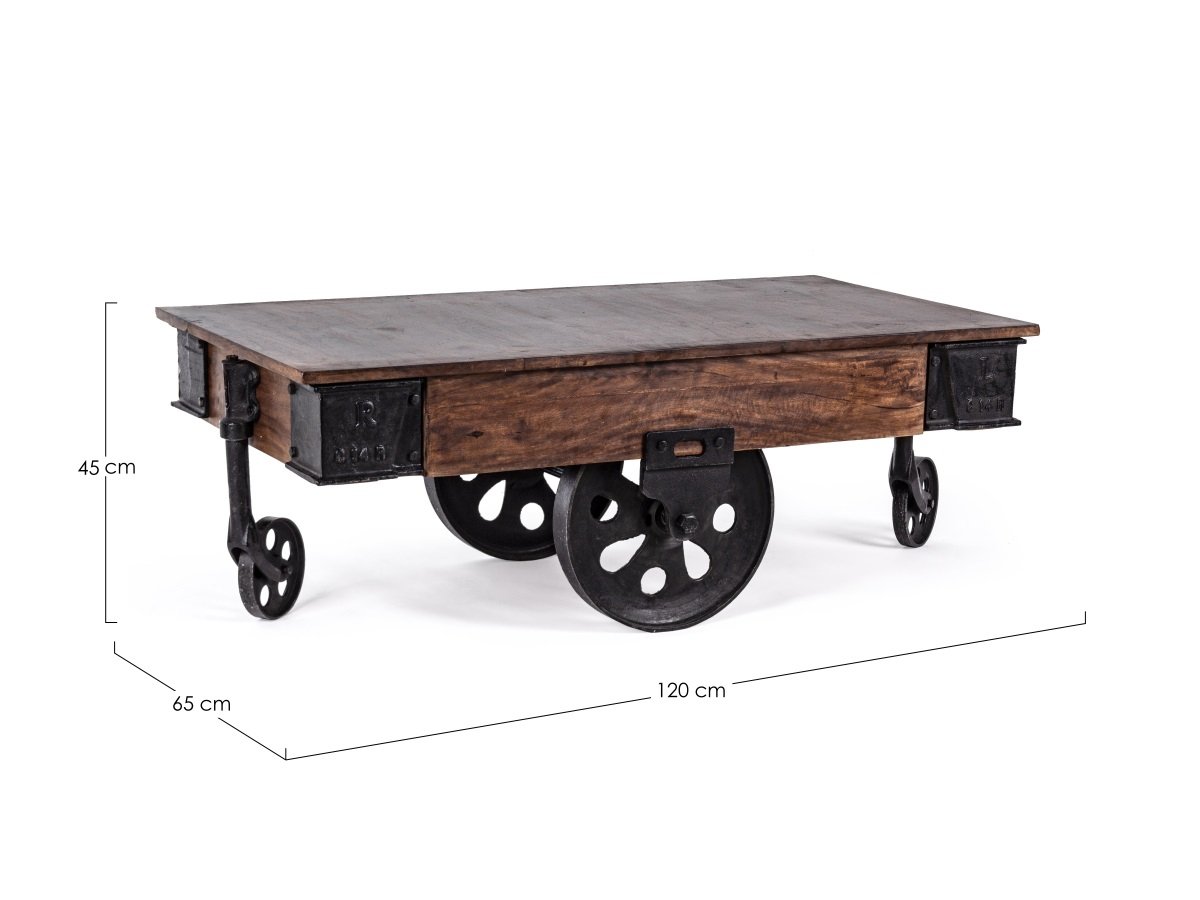 Table basse sur roulette bois massif industriel POULIE