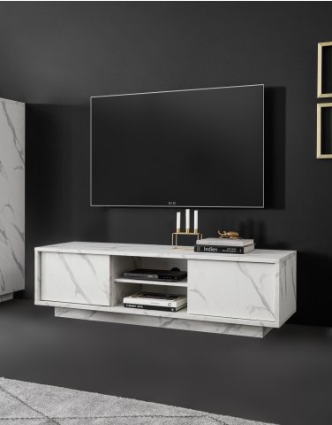 Meuble TV moderne blanc effet marbre THALES