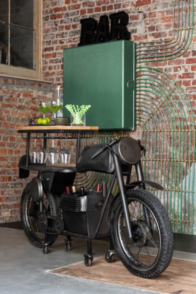 Bar moto sur roulettes industriel métal et bois 200cm BIKE