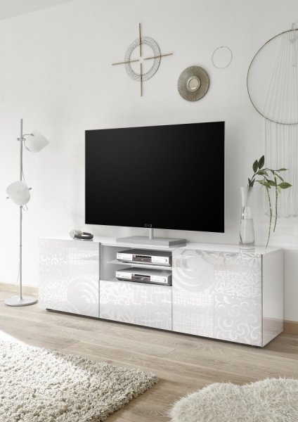 Banc TV blanc laqué avec motifs design VINTIMILLE