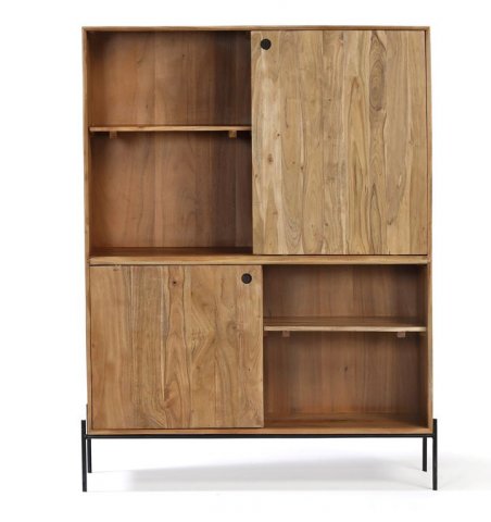 Bibliothéque bois massif d'acacia scandinave portes coulissantes NICK