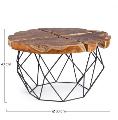 Table basse ronde en bois de teck massif et métal noir ROOT
