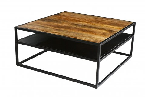 Table basse carrée industrielle en bois massif manguier et métal JANE