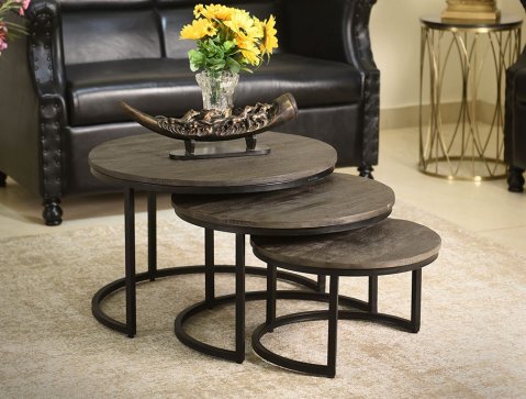 Table gigogne ronde industrielle en bois massif noir et métal JAHAN