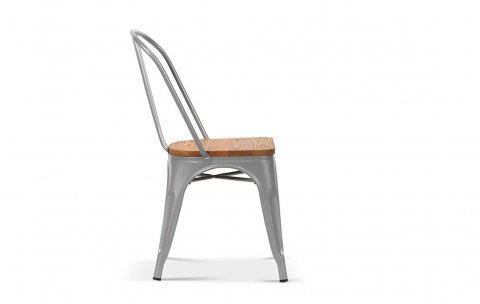 Chaise industrielle en acier gris clair et assise en bois clair RETRO