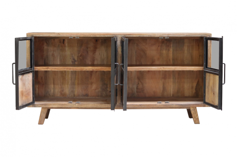 Buffet industriel bois massif 4 portes vitrées 180cm MEERA