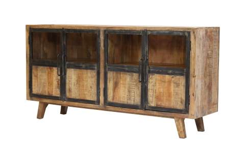 Buffet industriel bois massif 4 portes vitrées 180cm MEERA